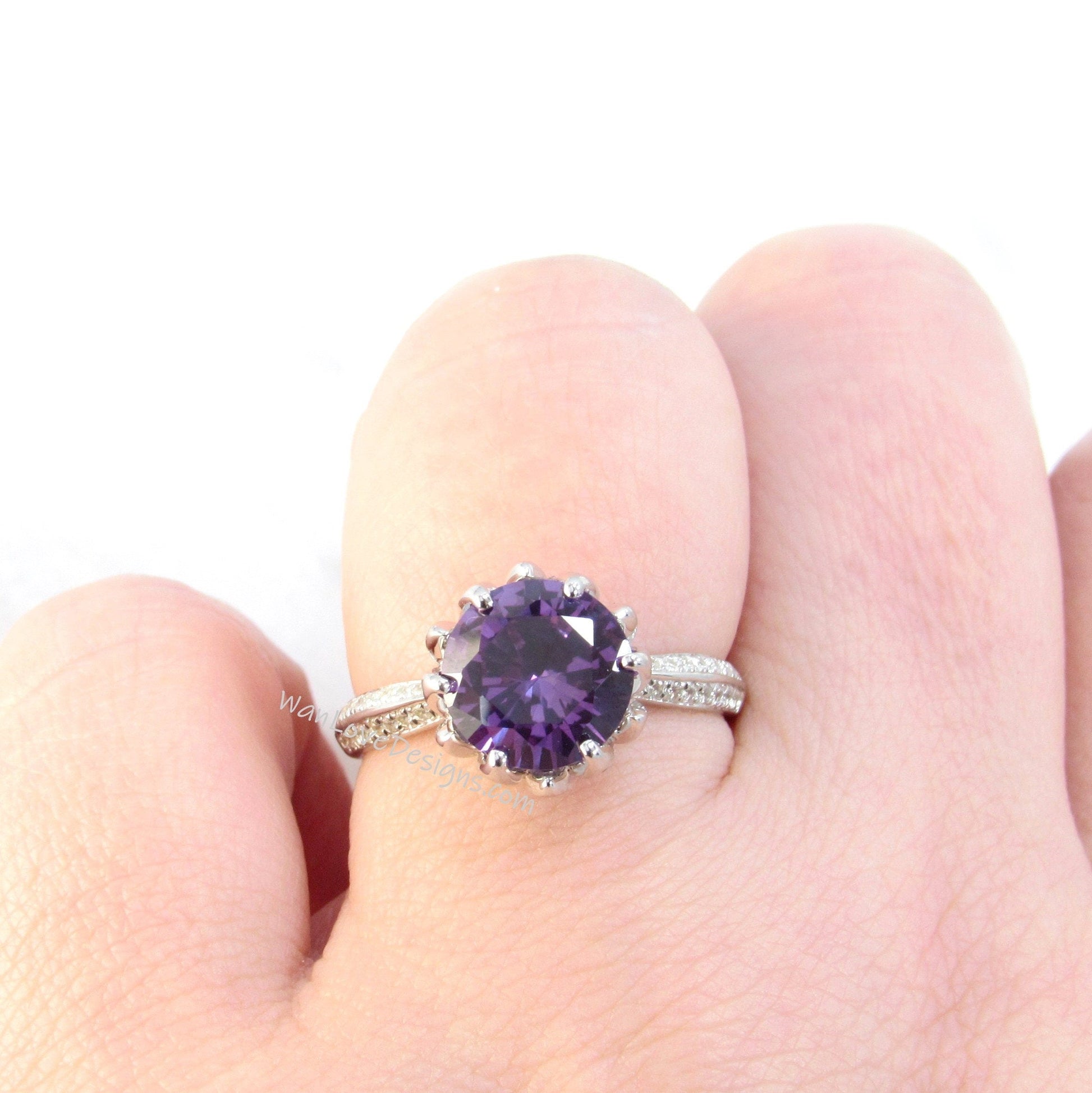 Purple Sapphire Alexandrite Color Diamond & Emerald Lotus Flower Engagement Ring 14k 18k White Yellow Rose Gold-Platinum-Round Wan Love Designs