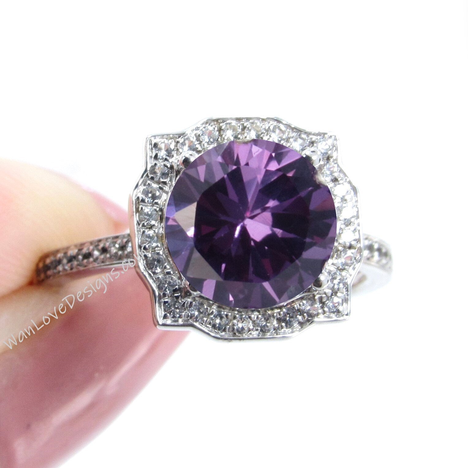 Purple Sapphire Alexandrite Color Diamond Engagement Ring,Antique Bezel Frame, 14k 18k White Yellow Rose Gold,Platinum,Custom,Wedding Wan Love Designs