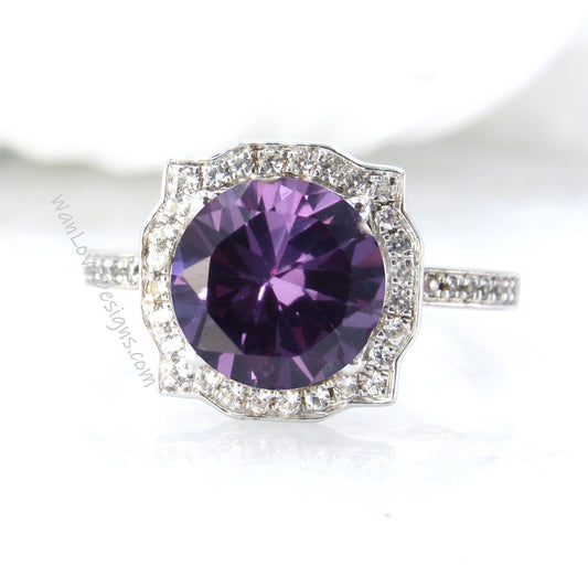 Purple Sapphire Alexandrite Color Diamond Engagement Ring,Antique Bezel Frame, 14k 18k White Yellow Rose Gold,Platinum,Custom,Wedding Wan Love Designs