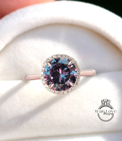 Purple Sapphire Alexandrite Color & Diamond Halo Engagement Ring, Cathedral plain tapered shank ring 14k 18k White Yellow Rose Gold,Platinum, Custom, Anniversary ring Wan Love Designs
