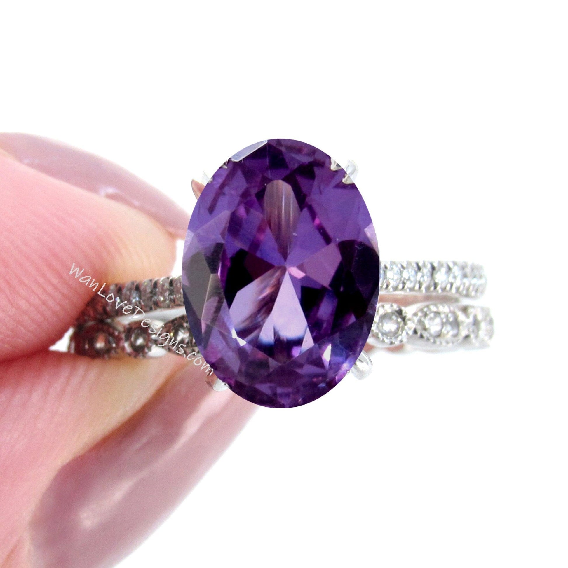 Purple Sapphire Alexandrite Color Diamond Oval Engagement Ring Set, Leaf Milgrain Wedding Band Custom-14k 18k White-Yellow-Rose Gold-Plat Wan Love Designs