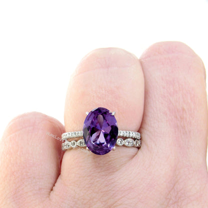 Purple Sapphire Alexandrite Color Diamond Oval Engagement Ring Set, Leaf Milgrain Wedding Band Custom-14k 18k White-Yellow-Rose Gold-Plat Wan Love Designs