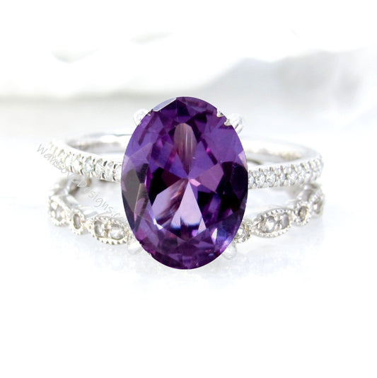 Purple Sapphire Alexandrite Color Diamond Oval Engagement Ring Set, Leaf Milgrain Wedding Band Custom-14k 18k White-Yellow-Rose Gold-Plat Wan Love Designs