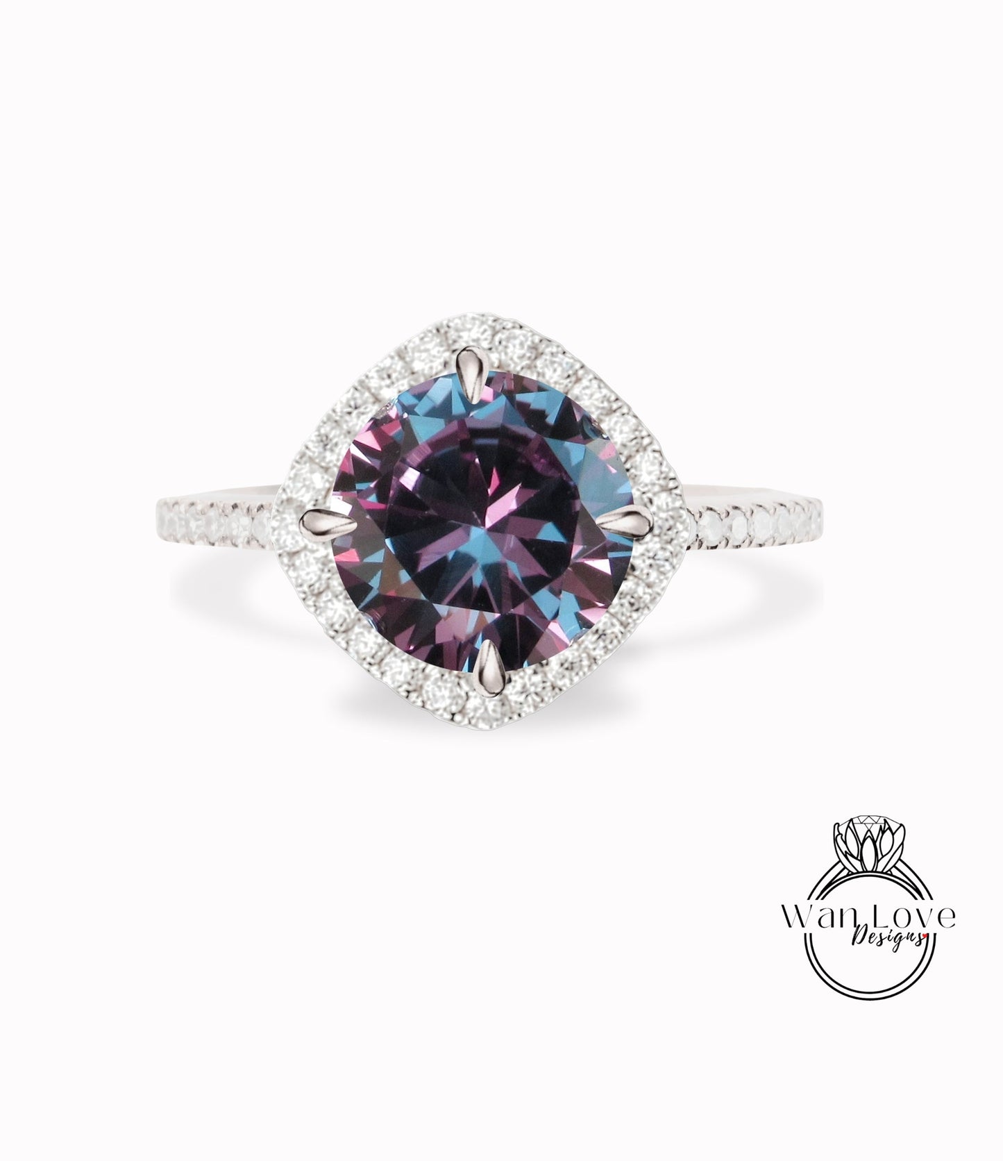 Purple Sapphire Alexandrite Color & Diamonds Kite Cushion Halo Engagement Ring Round 14k 18k White Yellow Rose Gold-Platinum-Custom Wan Love Designs