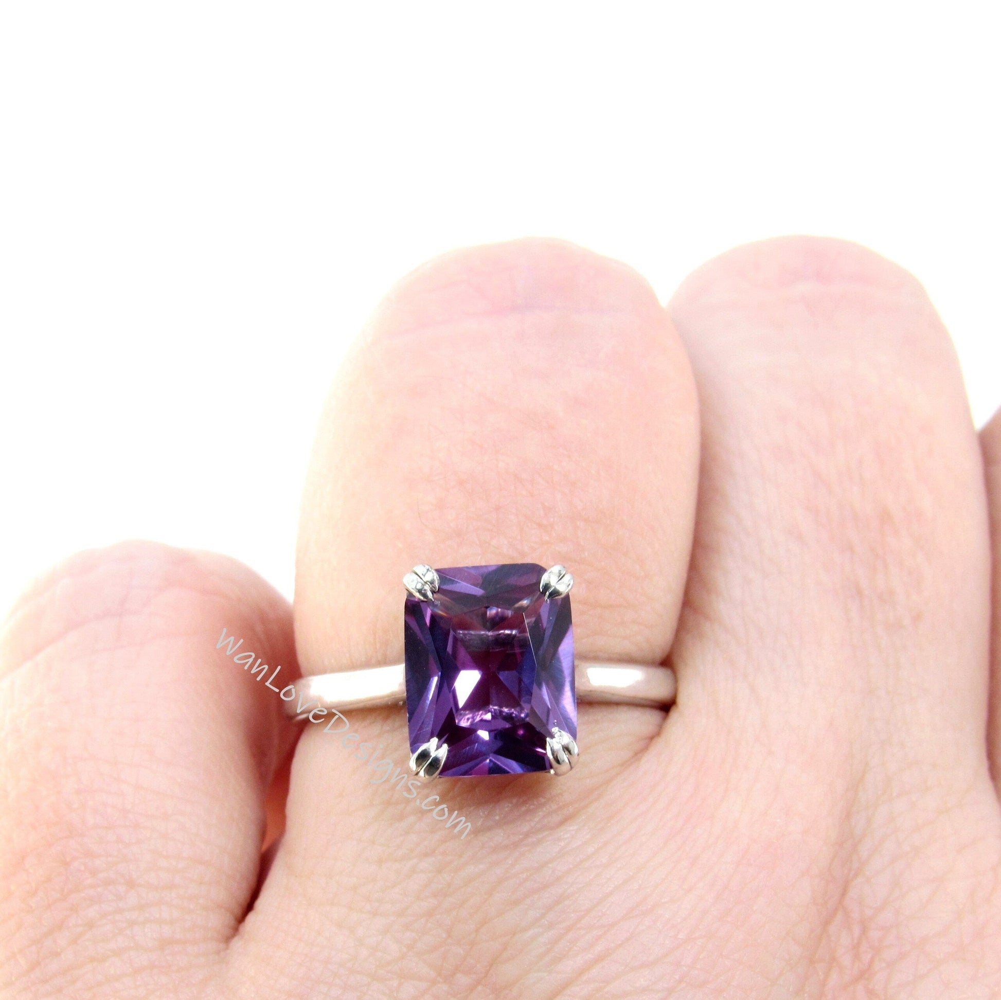 Purple Sapphire Alexandrite Color Engagement Ring, Solitaire, Emerald cut, 4ct Carat, 10x8mm, 925 Silver w Rhodium-Custom-Ready to Ship Wan Love Designs