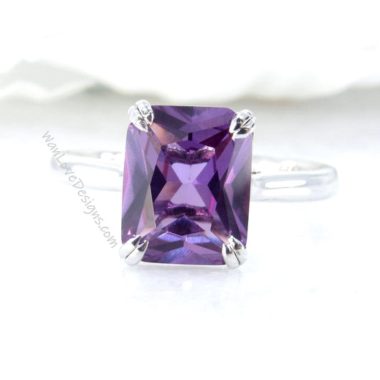 Purple Sapphire Alexandrite Color Engagement Ring, Solitaire, Emerald cut, 4ct Carat, 10x8mm, 925 Silver w Rhodium-Custom-Ready to Ship Wan Love Designs