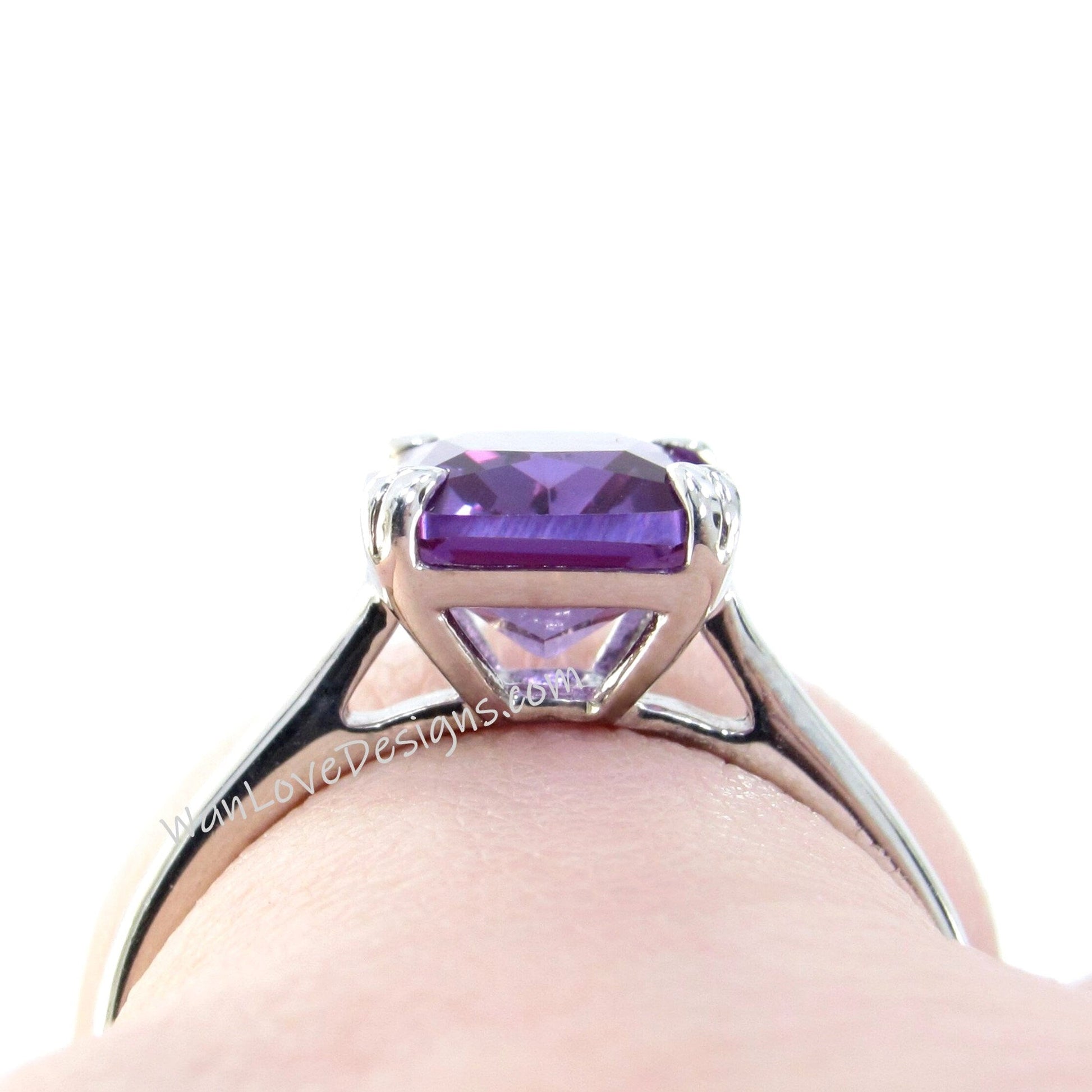 Purple Sapphire Alexandrite Color Engagement Ring, Solitaire, Emerald cut, 4ct Carat, 10x8mm, 925 Silver w Rhodium-Custom-Ready to Ship Wan Love Designs