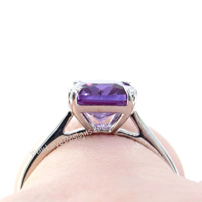 Purple Sapphire Alexandrite Color Engagement Ring, Solitaire, Emerald cut, 4ct Carat, 10x8mm, 925 Silver w Rhodium-Custom-Ready to Ship Wan Love Designs