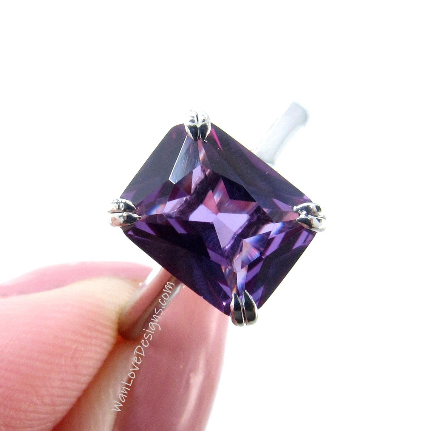 Purple Sapphire Alexandrite Color Engagement Ring, Solitaire, Emerald cut, 4ct Carat, 10x8mm, 925 Silver w Rhodium-Custom-Ready to Ship Wan Love Designs