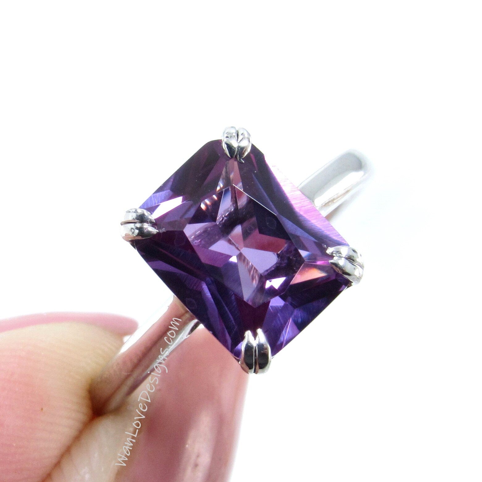 Purple Sapphire Alexandrite Color Engagement Ring, Solitaire, Emerald cut, 4ct Carat, 10x8mm, 925 Silver w Rhodium-Custom-Ready to Ship Wan Love Designs