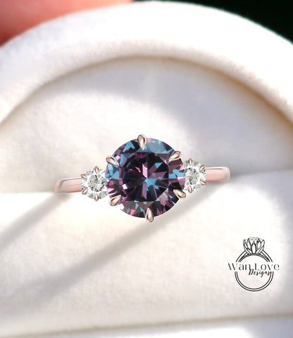 Purple Sapphire Alexandrite Color Moissanite 3 GemStone Engagement Ring Round, 2ct 8mm 3mm-14kt 18kt Gold-Platinum-Custom-Wedding Wan Love Designs