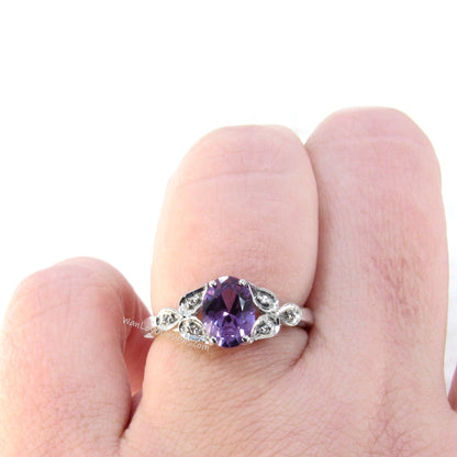 Purple Sapphire Alexandrite Color Oval Leaf Vintage Engagement Ring-2ct-8x6mm-925 Silver Rhodium-Wedding-Anniversary-Ready to Ship Wan Love Designs