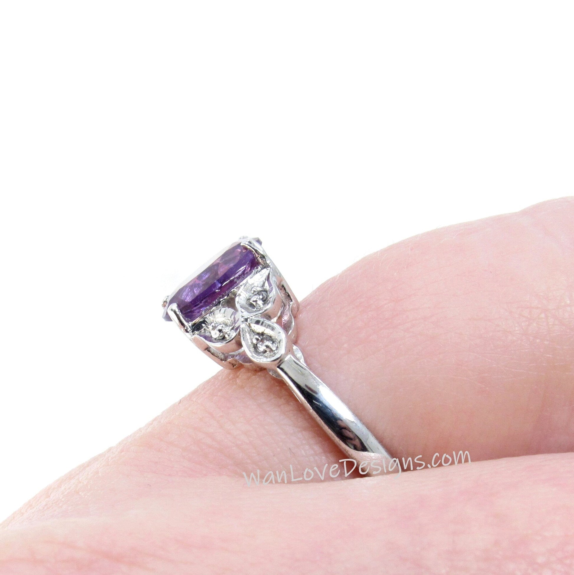 Purple Sapphire Alexandrite Color Oval Leaf Vintage Engagement Ring-2ct-8x6mm-925 Silver Rhodium-Wedding-Anniversary-Ready to Ship Wan Love Designs