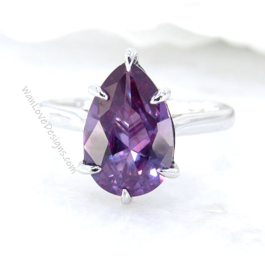 Purple Sapphire Alexandrite Color Pear 6 Prong Solitaire Engagement Ring, 14k 18k White Rose Gold-Platinum-Custom-Wedding, WanLoveDesigns Wan Love Designs