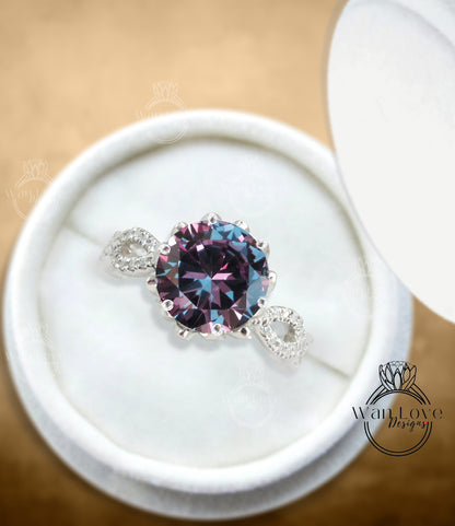 Purple Sapphire Alexandrite Color engagement ring vintage Lotus flower two row ring Diamond twisted ring floral Bridal Anniversary ring Wan Love Designs