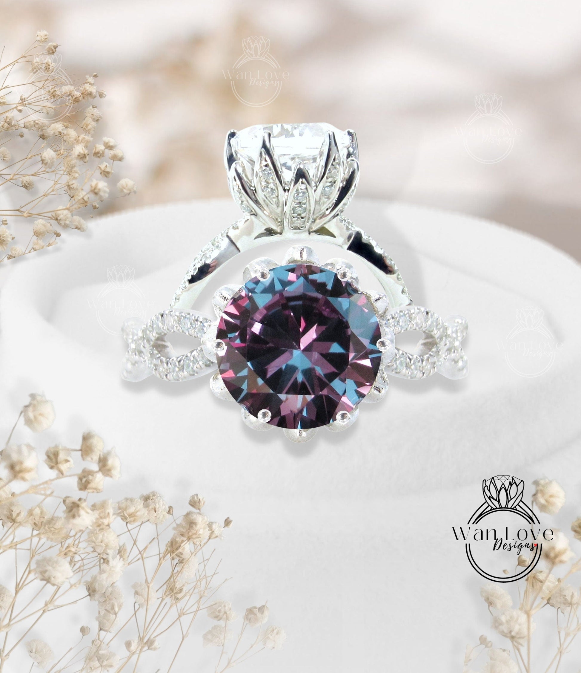 Purple Sapphire Alexandrite Color engagement ring vintage Lotus flower two row ring Diamond twisted ring floral Bridal Anniversary ring Wan Love Designs