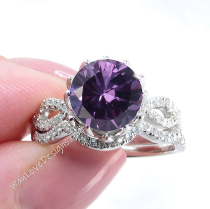 Purple Sapphire Alexandrite & Diamond Lotus Flower Infinity Twist Engagement Ring Set, Curved Nesting Wedding Band, 14kt 18kt gold-Custom Wan Love Designs