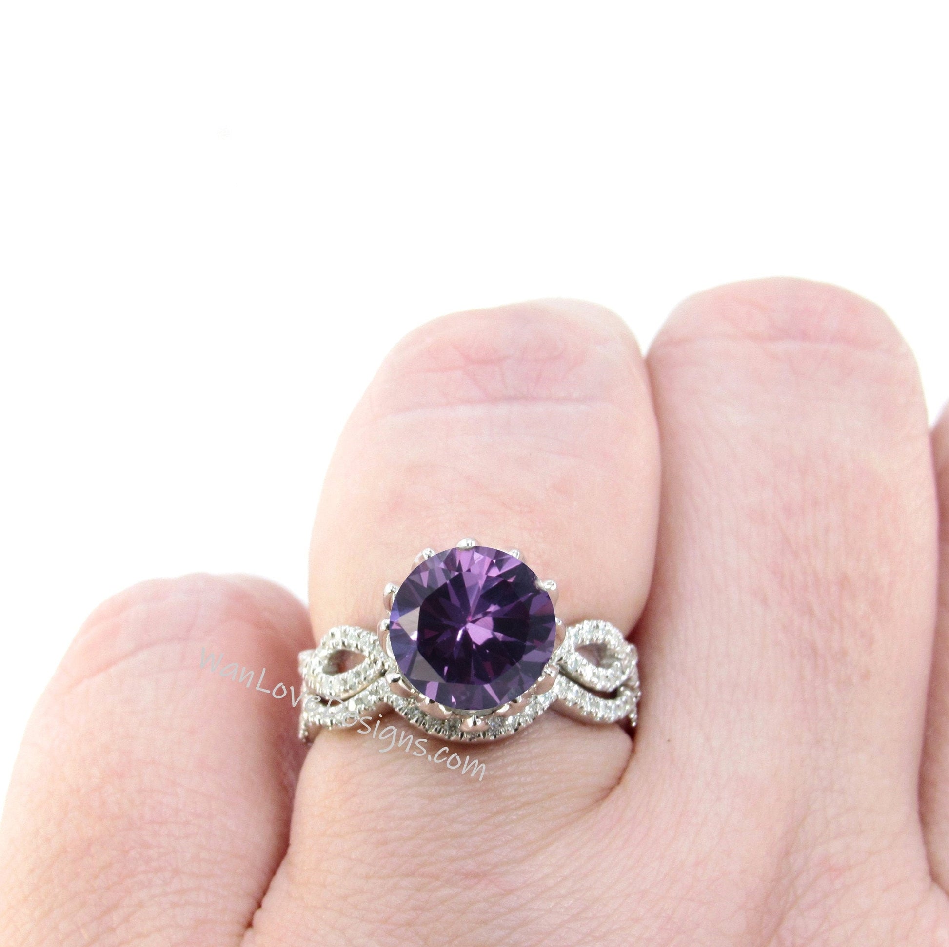 Purple Sapphire Alexandrite & Diamond Lotus Flower Infinity Twist Engagement Ring Set, Curved Nesting Wedding Band, 14kt 18kt gold-Custom Wan Love Designs