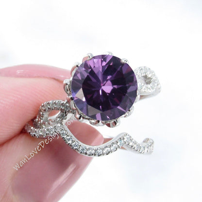 Purple Sapphire Alexandrite & Diamond Lotus Flower Infinity Twist Engagement Ring Set, Curved Nesting Wedding Band, 14kt 18kt gold-Custom Wan Love Designs