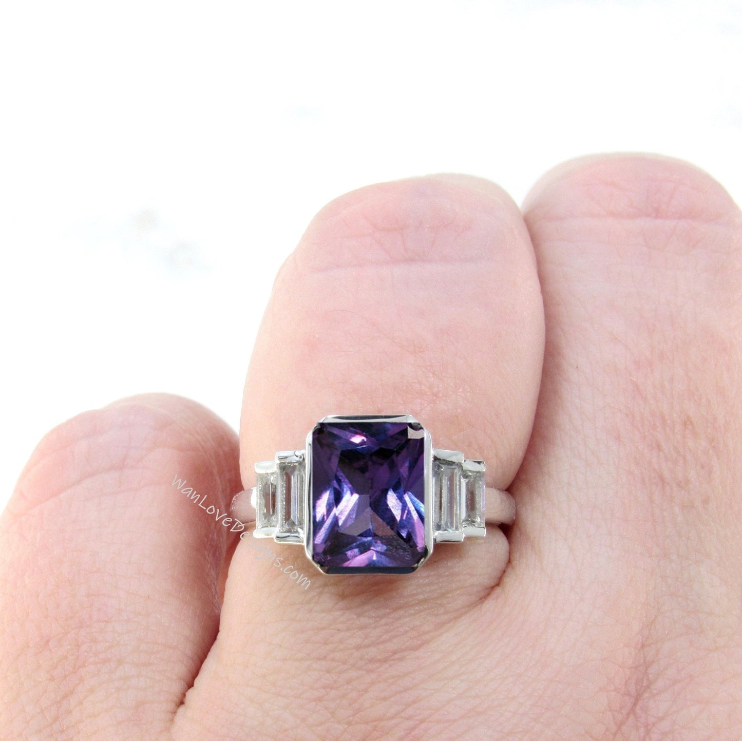 Purple Sapphire Color Change Alexandrite Emerald Baguette Bezel 5 Gemstone Moissanite Engagement Ring Custom Wedding Anniversary Gift Wan Love Designs