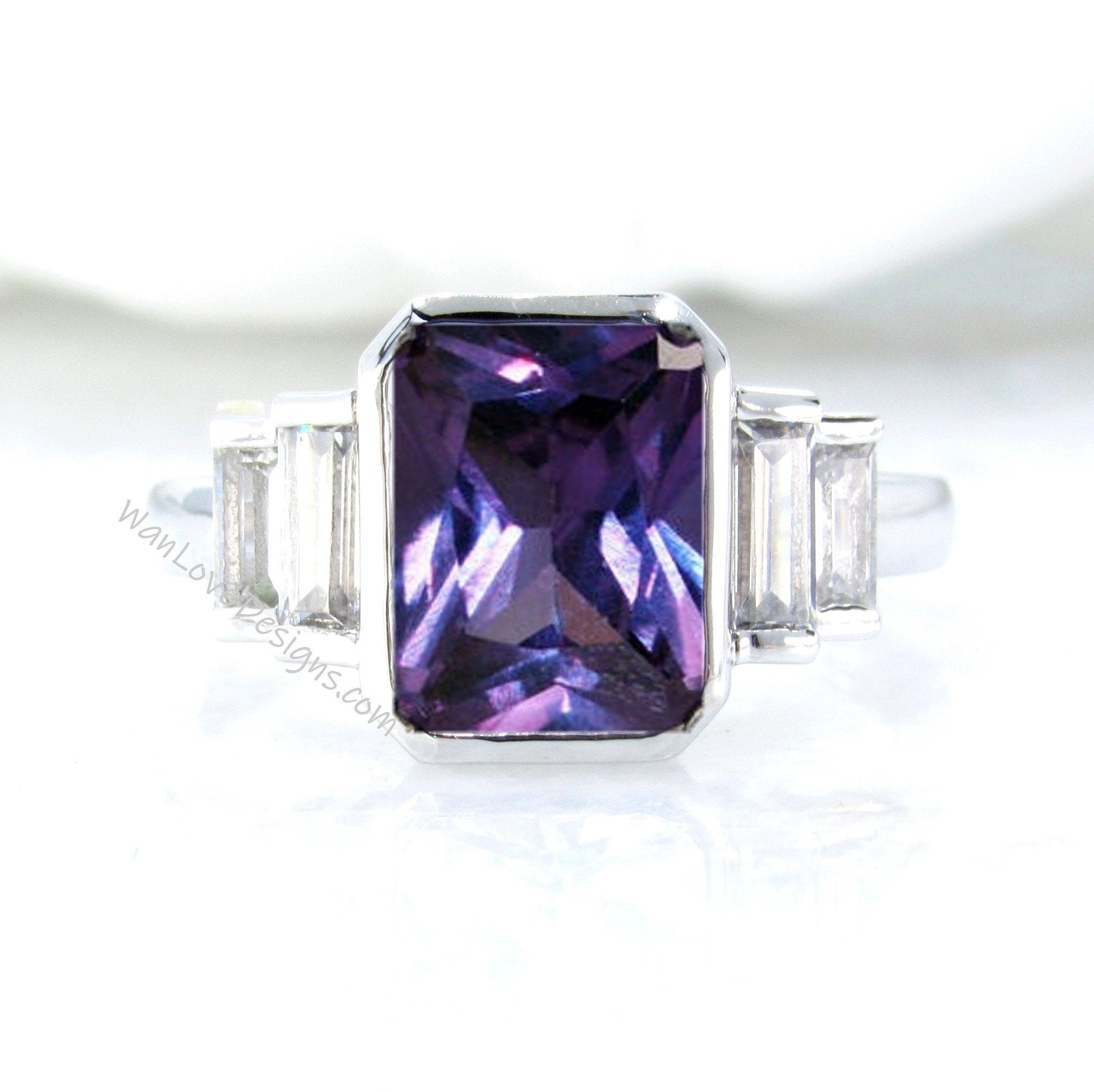 Purple Sapphire Color Change Alexandrite Emerald Baguette Bezel 5 Gemstone Moissanite Engagement Ring Custom Wedding Anniversary Gift Wan Love Designs