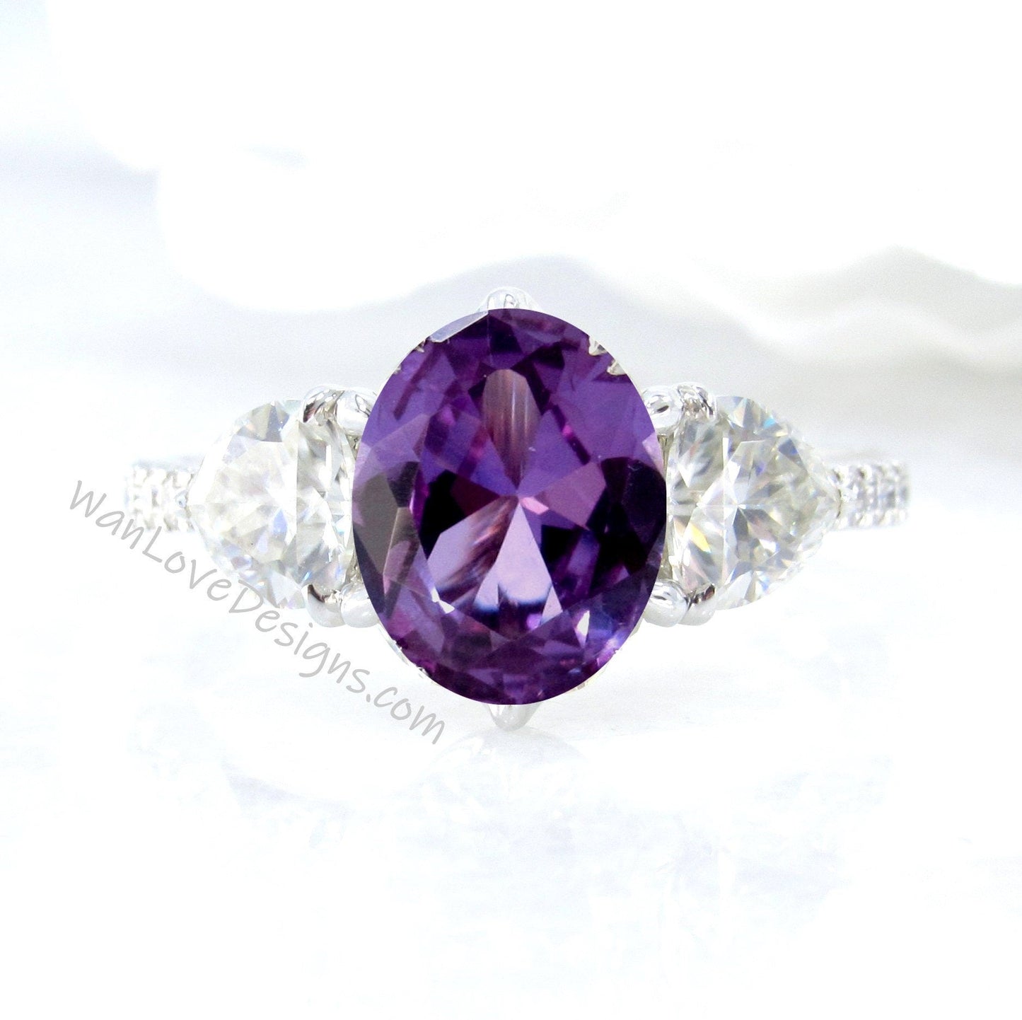 Purple Sapphire Color Change & Moissanite Oval Trillion 3 Gem Engagement Ring, 4ct 10x8mm-Custom-14kt 18kt Gold,Platinum, Wedding,Gift Wan Love Designs