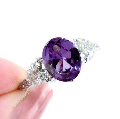 Purple Sapphire Color Change & Moissanite Oval Trillion 3 Gem Engagement Ring, 4ct 10x8mm-Custom-14kt 18kt Gold,Platinum, Wedding,Gift Wan Love Designs