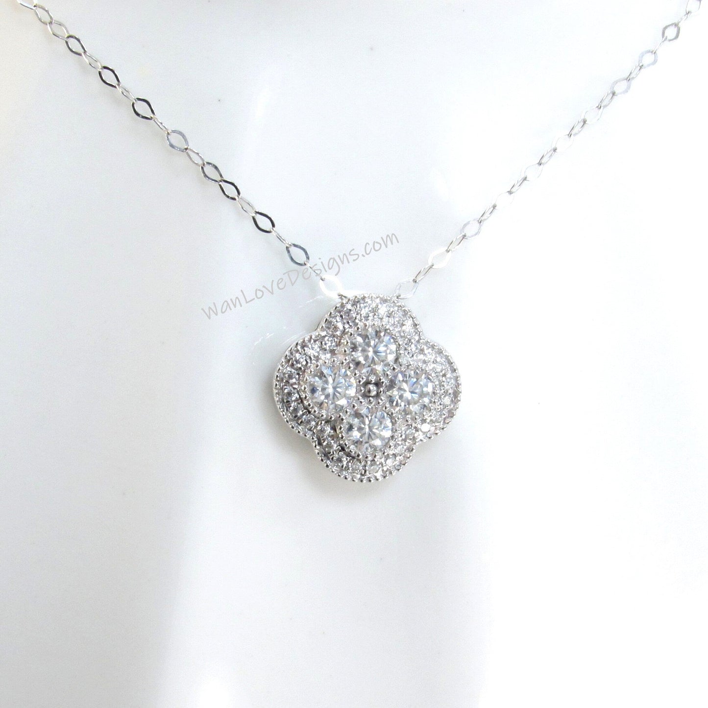 Quatrefoil Halo Moissanite Pendant Necklace Charm with Thin Chain, White Gold, Custom, Wedding, Anniversary Gift, Ready to Ship Wan Love Designs