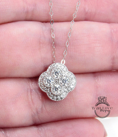 Quatrefoil Halo Moissanite Pendant Necklace Charm with Thin Chain, White Gold, Custom, Wedding, Anniversary Gift, Ready to Ship