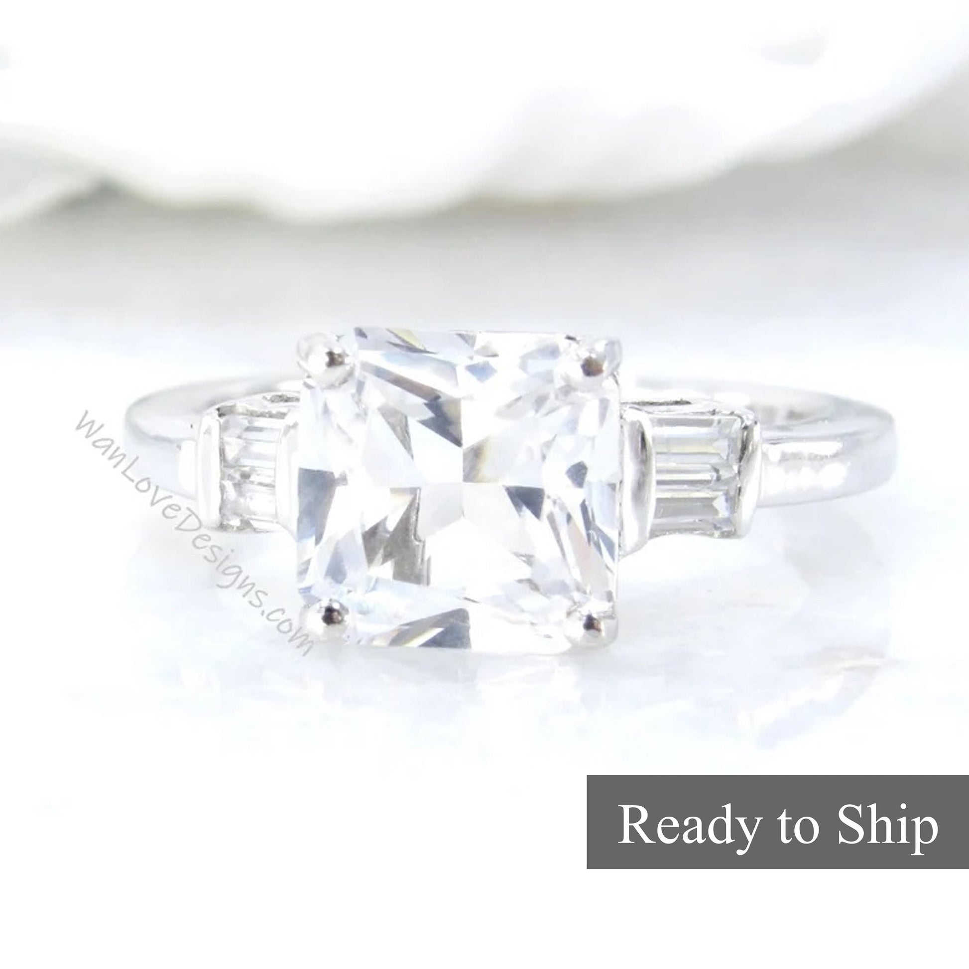 Radiant Baguette cut White Sapphire engagement ring vintage 5 stone Unique engagement ring women Bridal Promise Anniversary gift her-Ready Wan Love Designs