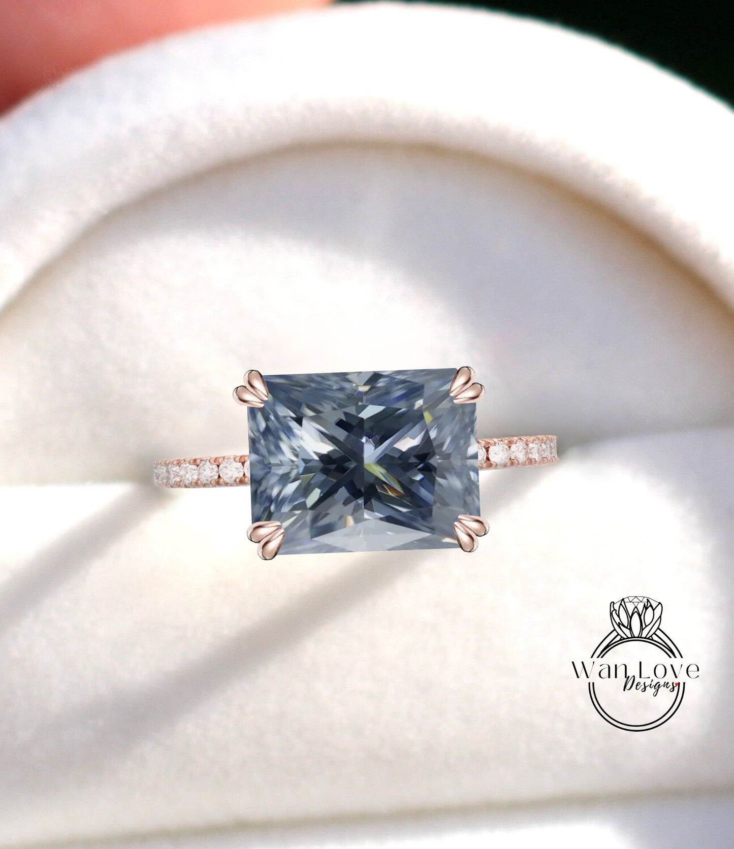 Radiant East West Grey Moissanite & Diamond half eternity Radiant Engagement Ring Art Deco Emerald Gray Ring wedding anniversary bridal promise ring Wan Love Designs