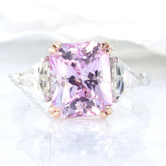 Radiant Light Pink Sapphire engagement ring unique two tone gold ring trillion cut moissanite diamond ring antique anniversary bridal ring Wan Love Designs
