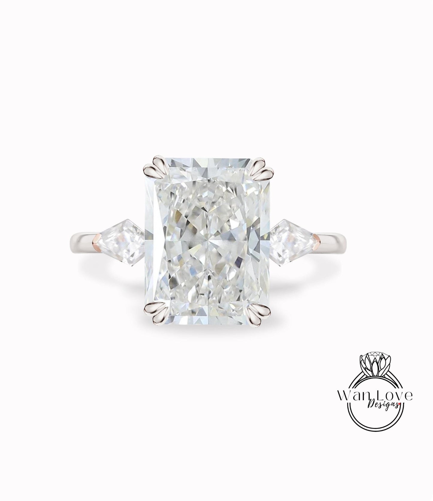 Radiant diamond engagement ring, Radiant cut diamond ring with side kite diamonds, three stone ring, wedding Bridal ring, Anniversary gift Wan Love Designs