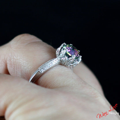 Rainbow Quartz Diamond Lotus Engagement Ring Round cut-Custom-Wedding-Anniversary-14k 18k White Yellow Rose Gold-Platinum Wan Love Designs