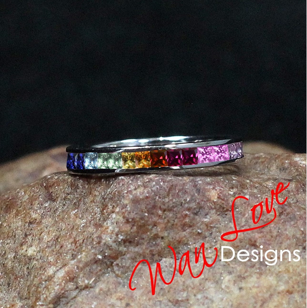 Rainbow Sapphire Spinel Princess Round Channel set Wedding Band Ring Custom Engagement Anniversary 14k 18k White Rose Yellow Gold Platinum Wan Love Designs