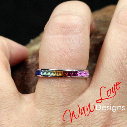 Rainbow Sapphire Spinel Princess Round Channel set Wedding Band Ring Custom Engagement Anniversary 14k 18k White Rose Yellow Gold Platinum Wan Love Designs