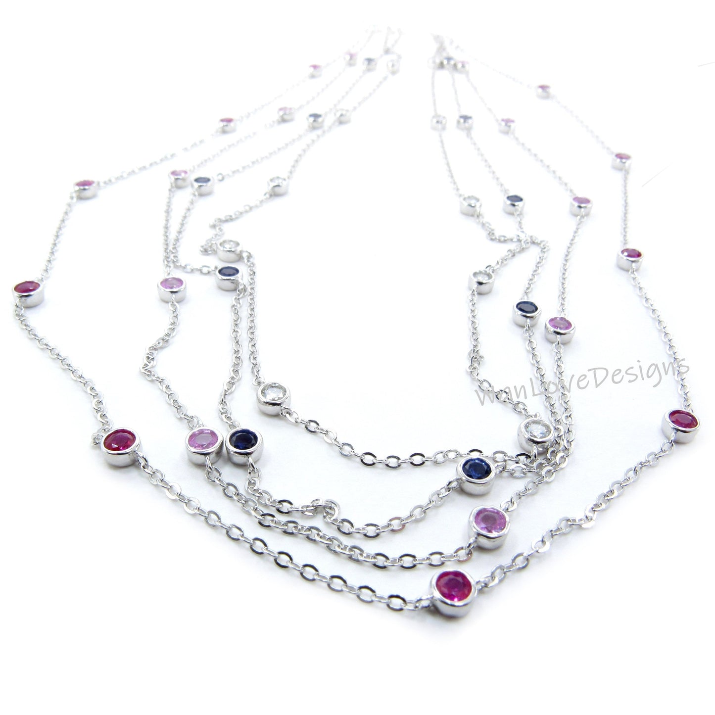 Ready 10 Station Moissanite Ruby Pink or Blue Sapphire Necklace / 1 Carat Diamond By the Yard Necklace / Birthstone Bezel Set Necklace /Gift Wan Love Designs