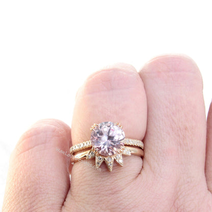 Ready Ship Vintage Peach Sapphire diamond engagement ring set round shaped rose gold diamond wedding ring Unique curved star band bridal set Wan Love Designs