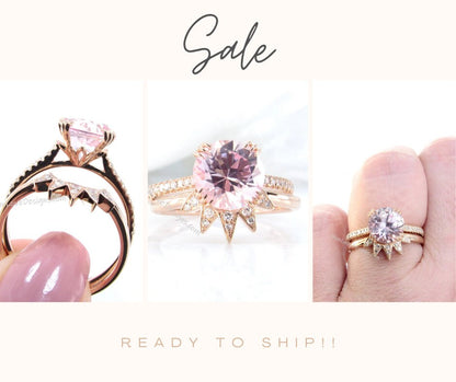 Ready Ship Vintage Peach Sapphire diamond engagement ring set round shaped rose gold diamond wedding ring Unique curved star band bridal set Wan Love Designs