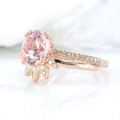 Ready Ship Vintage Peach Sapphire diamond engagement ring set round shaped rose gold diamond wedding ring Unique curved star band bridal set Wan Love Designs