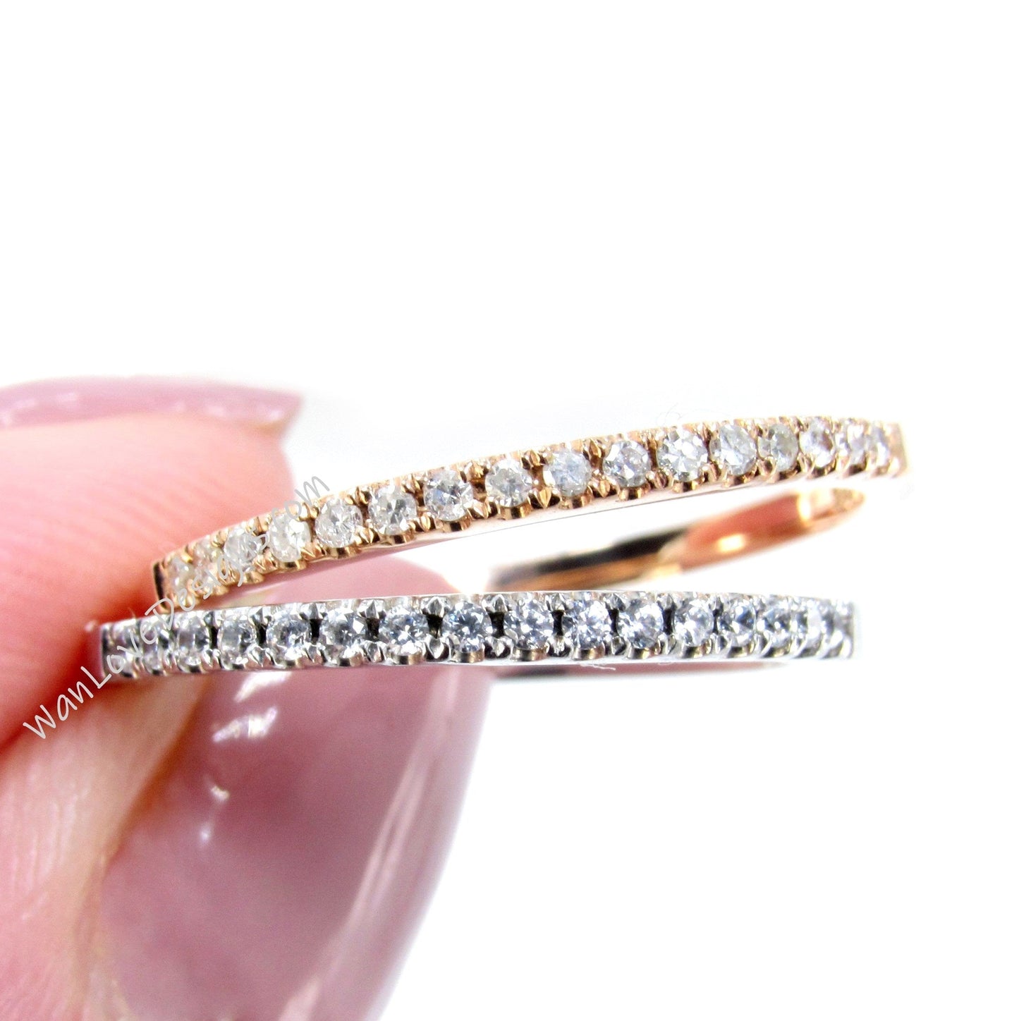 Ready to Ship 14kt Rose Gold Matching Band Diamond Dainty Pave Halfway Eternity Band Ring Wan Love Designs