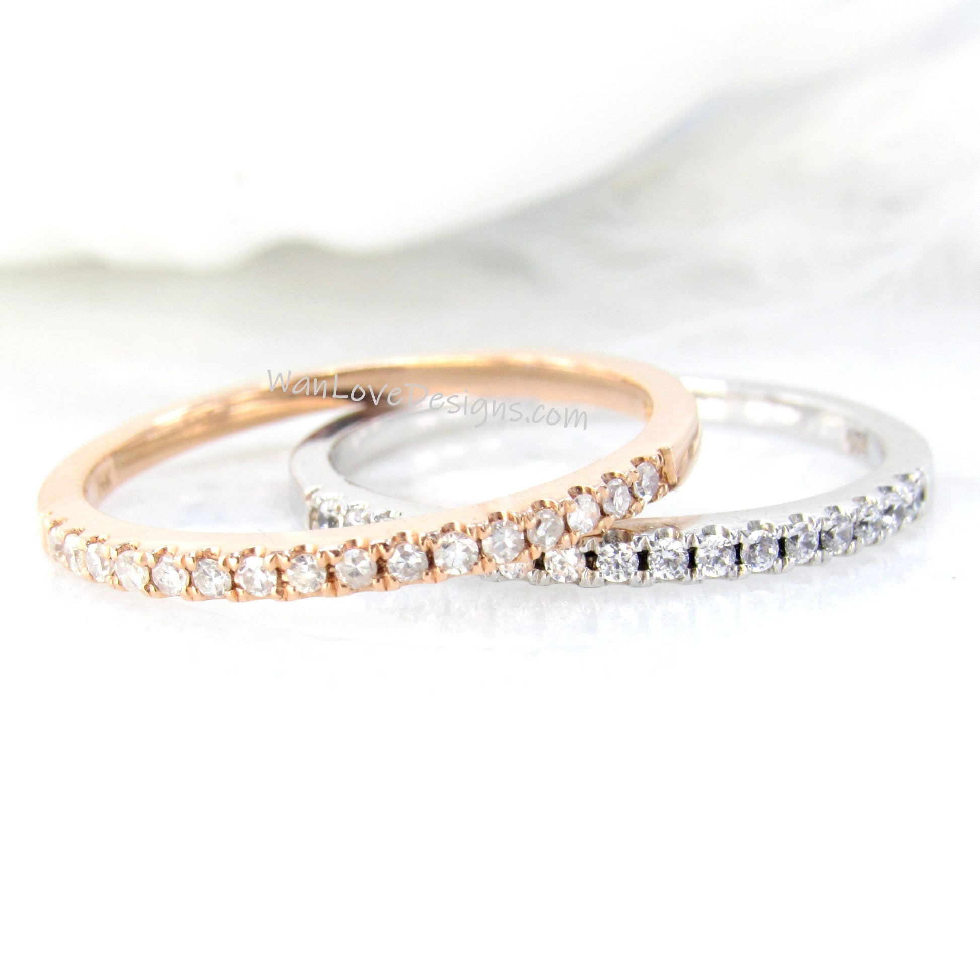 Ready to Ship 14kt Rose Gold Matching Band Diamond Dainty Pave Halfway Eternity Band Ring Wan Love Designs