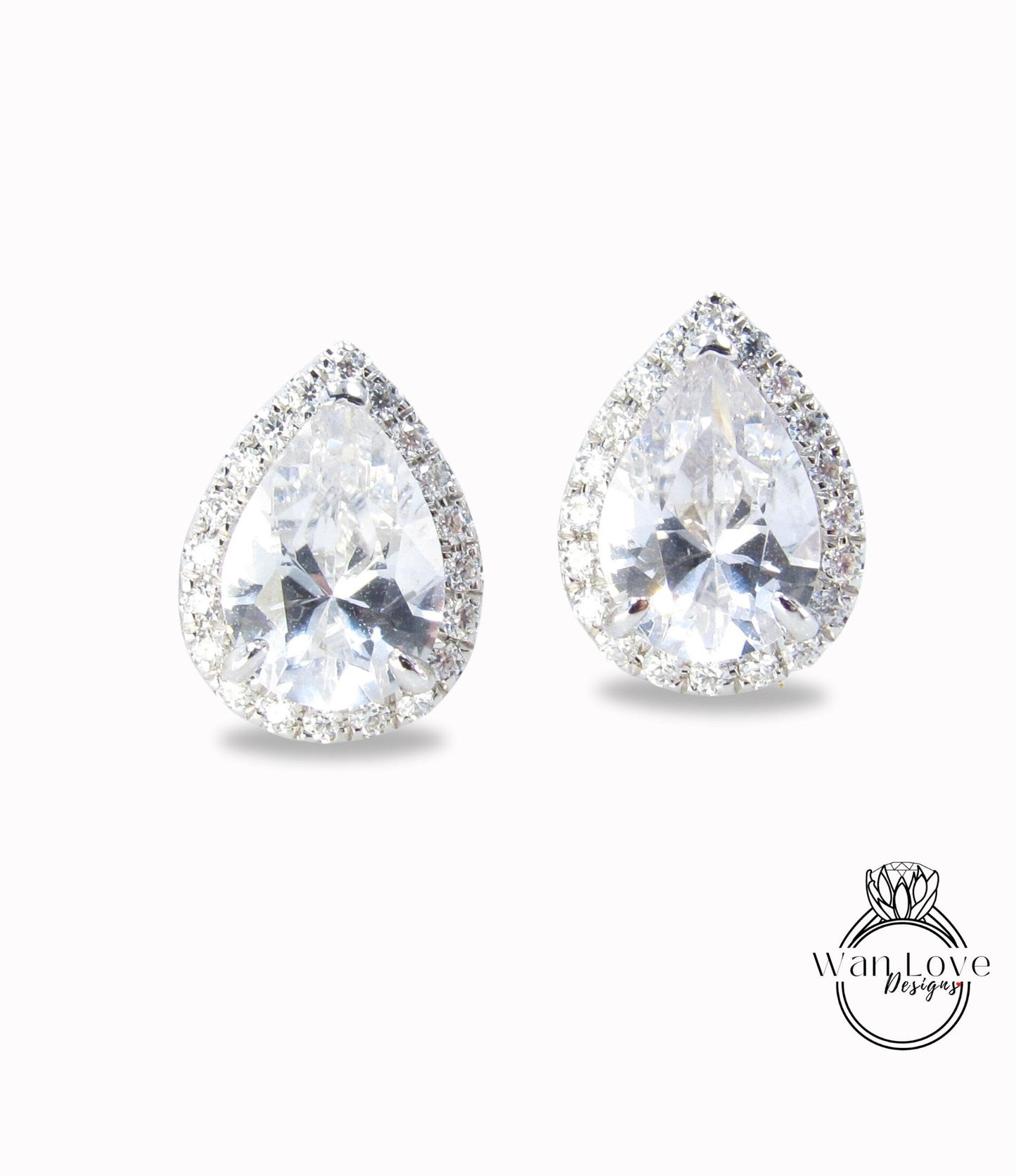 Ready to Ship 1ct ea 2ct 7x5mm White Sapphire Pear Halo Stud Earrings Custom Wedding Jewelry Anniversary Gift Wan Love Designs