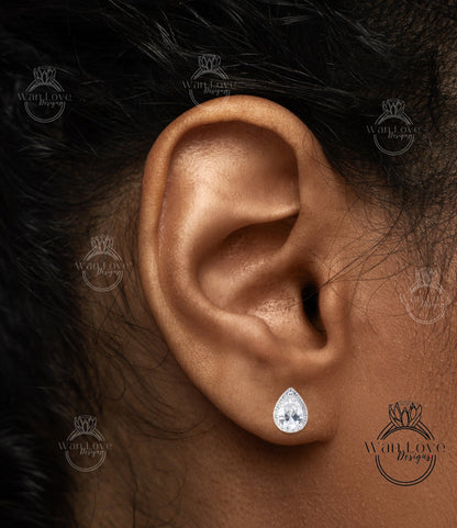 Ready to Ship 1ct ea 2ct 7x5mm White Sapphire Pear Halo Stud Earrings Custom Wedding Jewelry Anniversary Gift Wan Love Designs