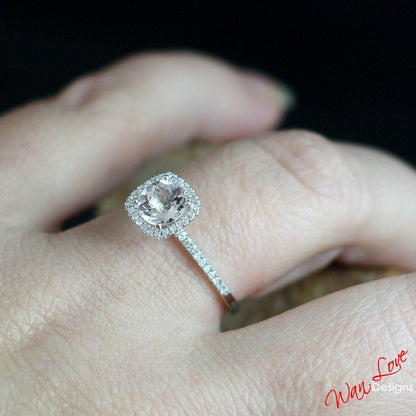 Ready to Ship 6mm Round Morganite and Diamonds Cushion Halo Engagement Ring Wan Love Designs