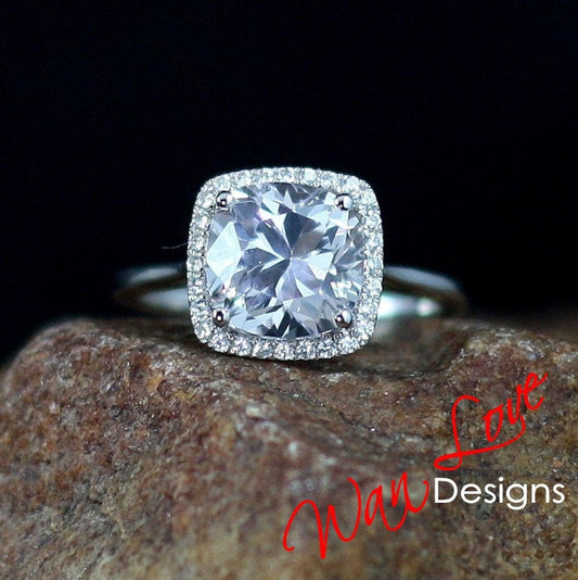 Ready to Ship 8mm 2ct White Sapphire Micropave Cushion Halo Engagement Ring Wan Love Designs