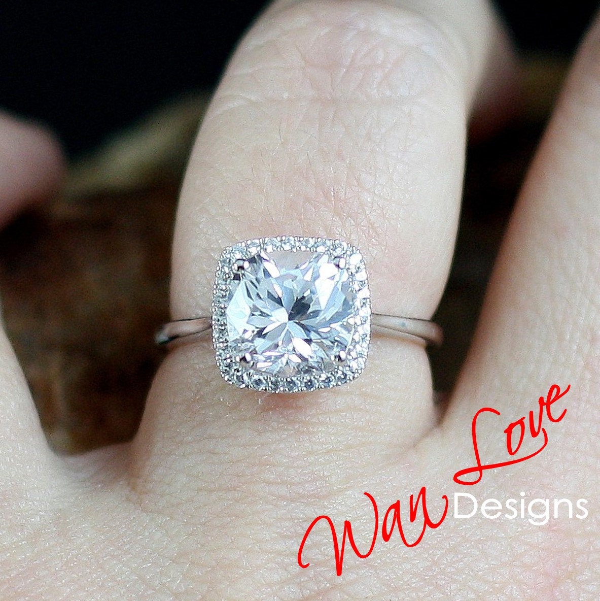 Ready to Ship 8mm 2ct White Sapphire Micropave Cushion Halo Engagement Ring Wan Love Designs