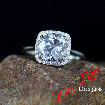 Ready to Ship 8mm 2ct White Sapphire Micropave Cushion Halo Engagement Ring Wan Love Designs