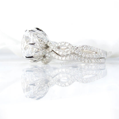 Ready to Ship Lotus Flower White Sapphire & Moissanite Infinity Twist Shank Engagement Ring Set, Nesting Wedding Band, 3ct 9mm Custom, Gift Wan Love Designs