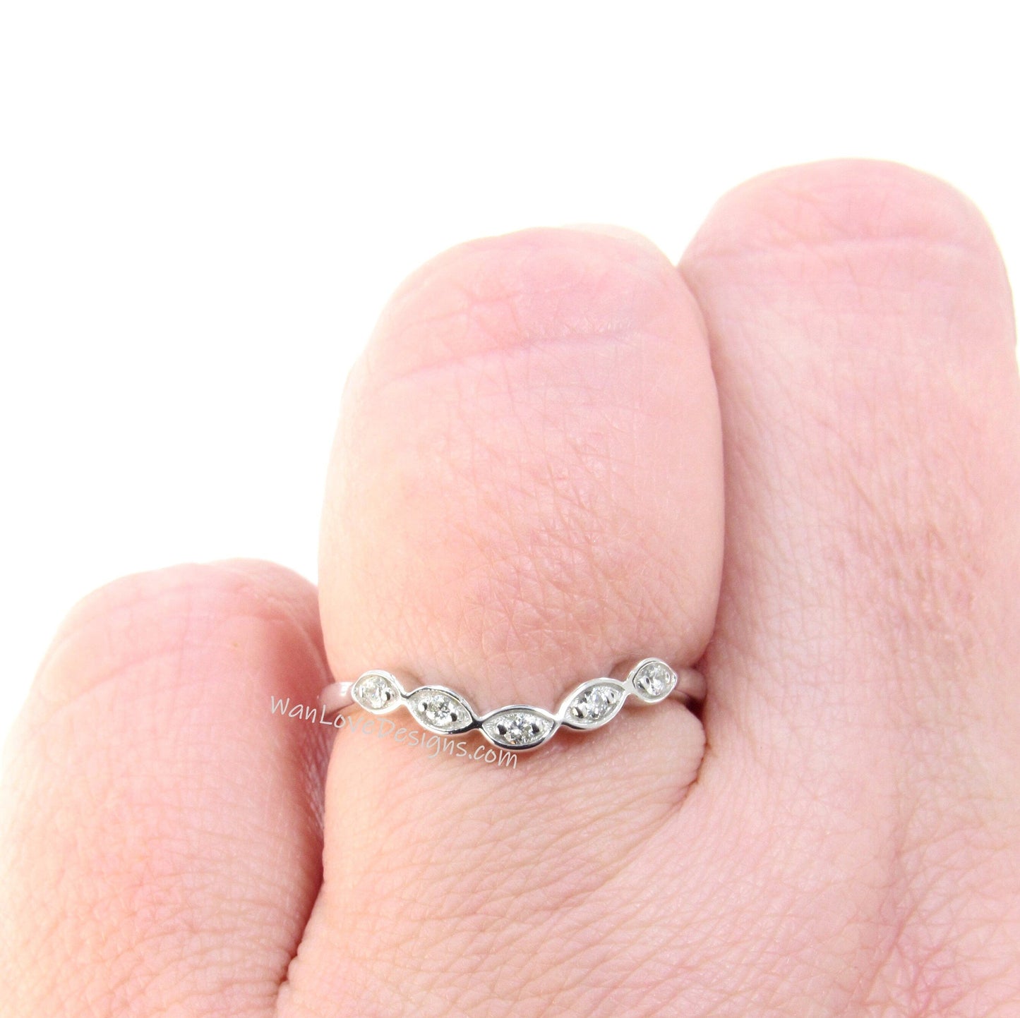 Ready to Ship White Gold Moissanite Leaves Tiara Ring Curved Nesting Band Wan Love Designs